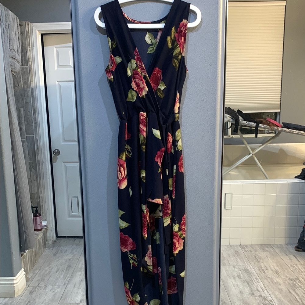 Floral Sleeveless Maxi Dress - Navy and Red